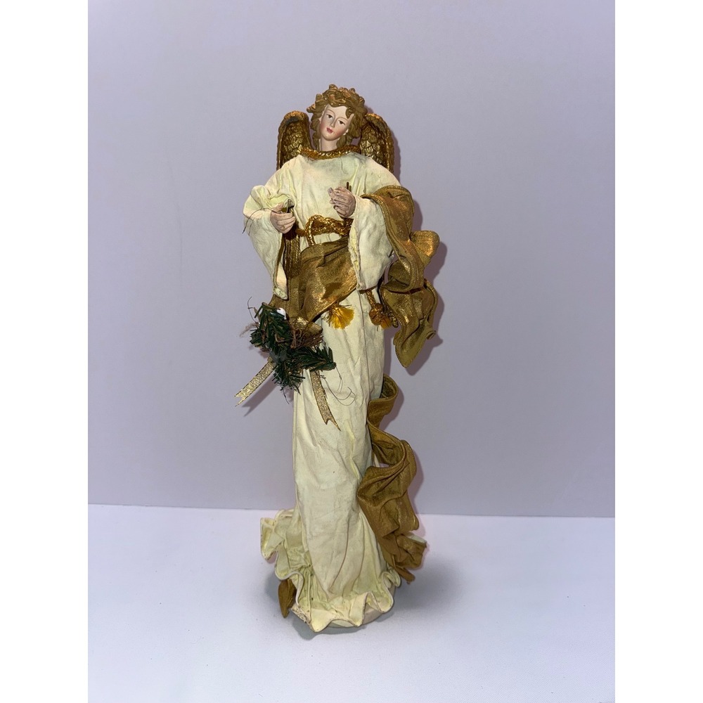 Vintage Standing Angel Figurine Cream and Gold Fabric Gown Holiday Decor 14"